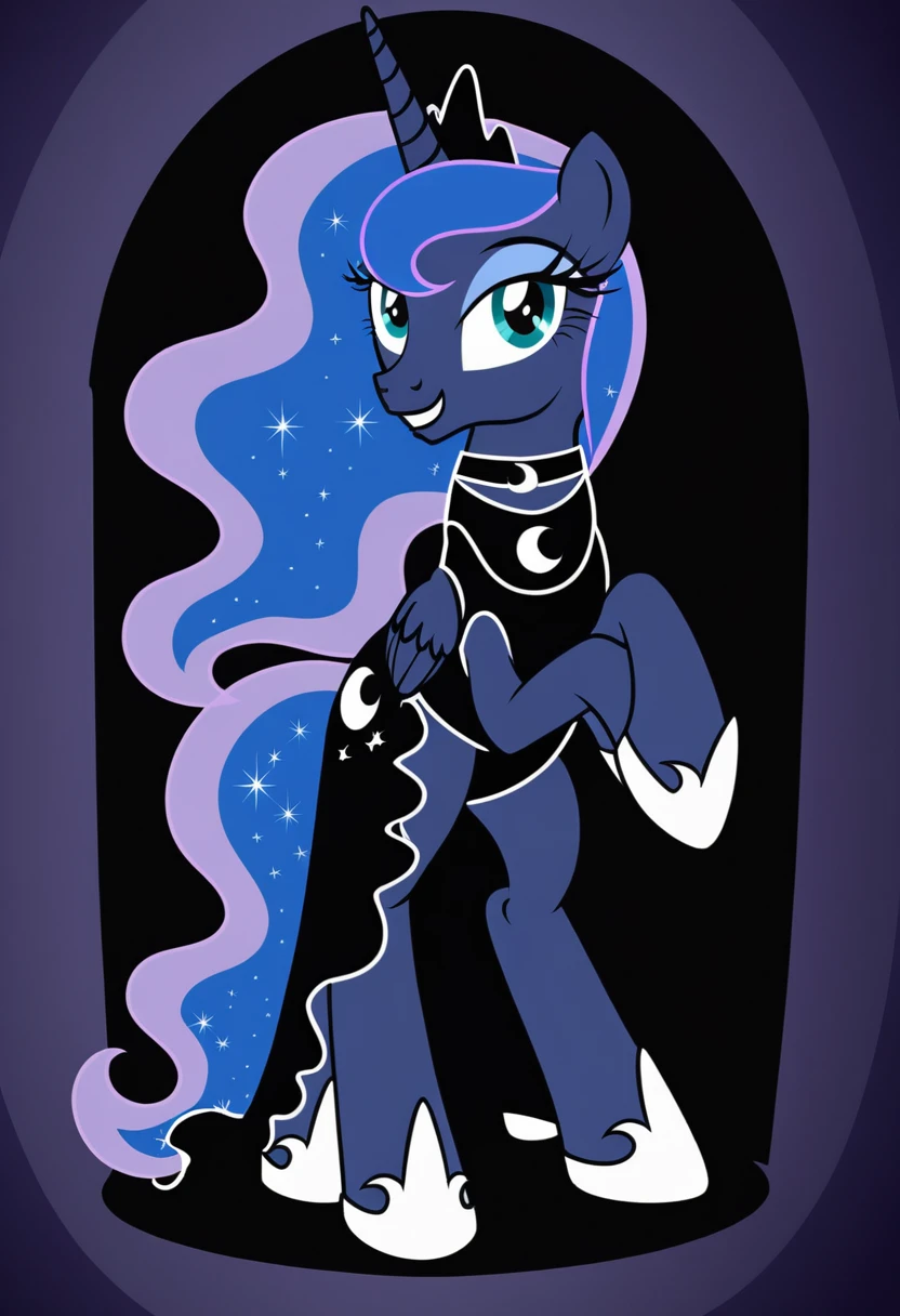 score_9,score_8_up,score_7_up,score_6_up, ((my little pony)), radiant lighting, vibrant colors, whimsical atmosphere, 8K, high resolution, highly detailed, masterpiece, princess Luna, (goth style), fishnet stockings, dress, showing the butt, dripping pussy, grave cutie mark, ((thong pulled aside))