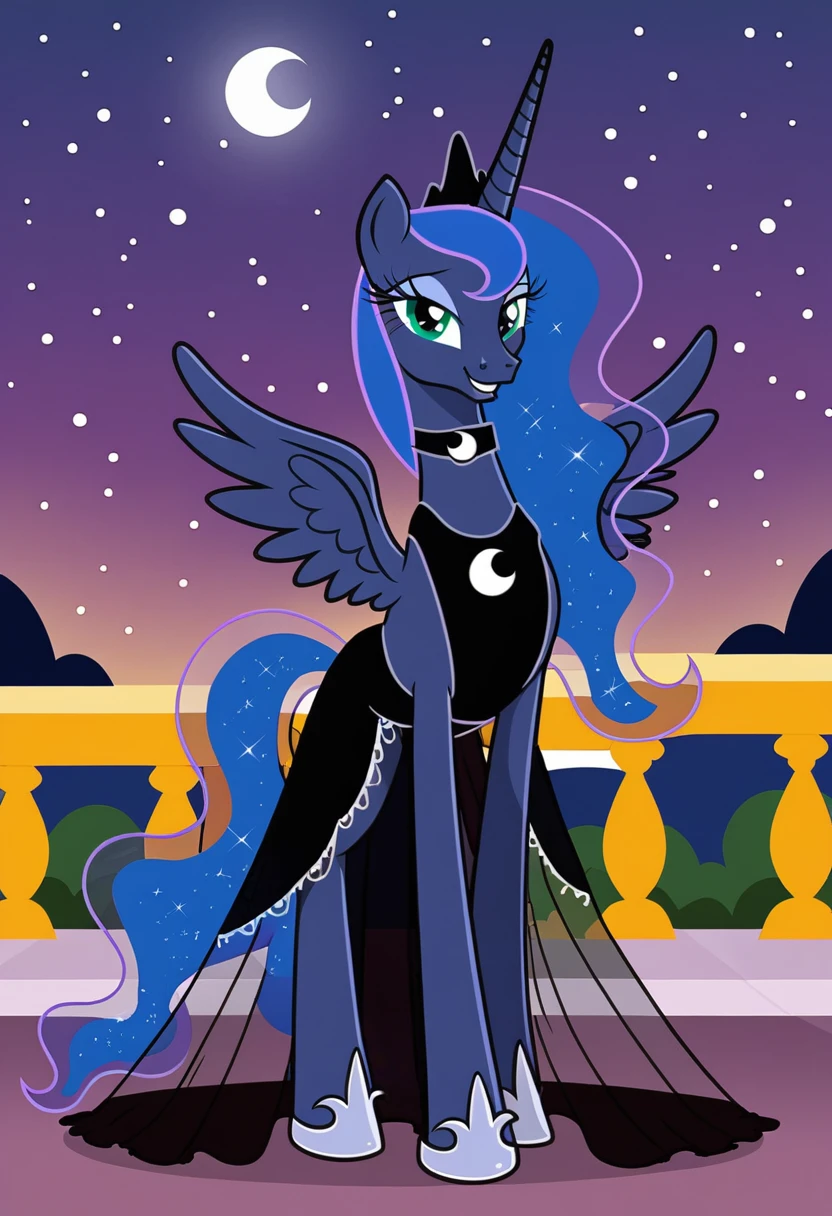 Pony . Black see trough dress with black choker, Princess Luna smiling 