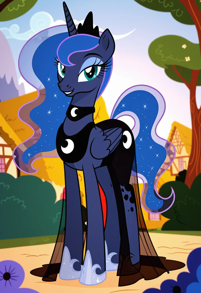 Pony . Black see trough dress with black choker, Princess Luna smiling 