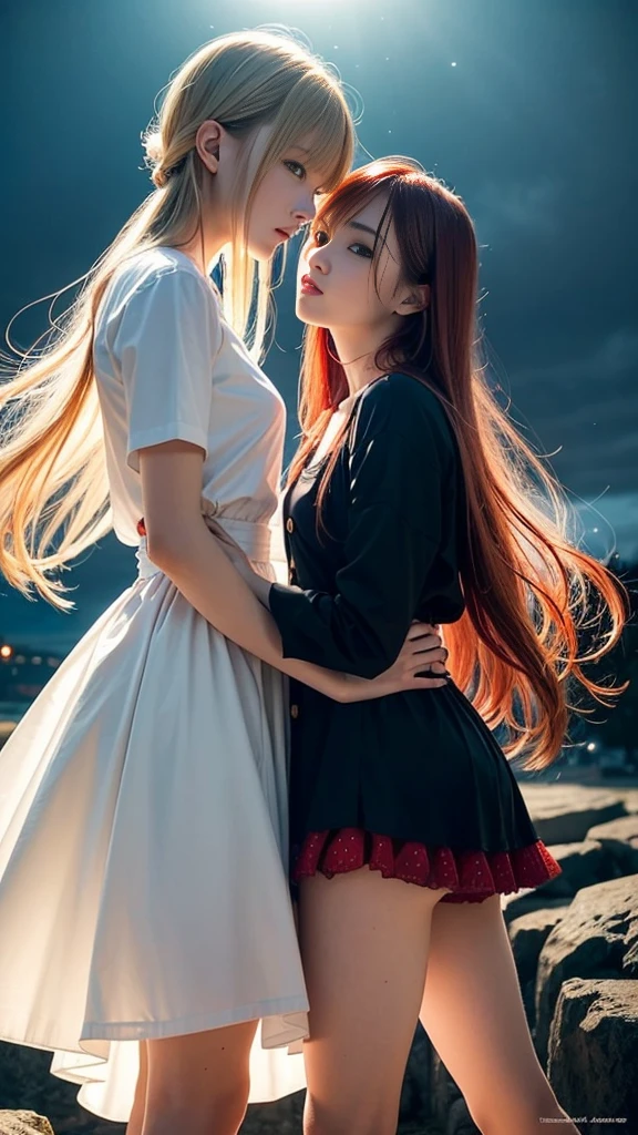 (Natural strawberry blonde and redhead girls with pretty faces), Cute pose, wearing a button dress, Atmospheric, Dark atmosphere, Edge lighting, Sayaka Yamamoto, Saito Asuka, Mao Akiyama&#39;s facial features, 8K, Full 体 portrait, Elegant outfit, Natural light, Spooky greenhouse at night, Sharp focus, (Highly detailed eyes and face, Professional photography techniques), (Beautiful small face, beautiful girl, high school student, Idol Face, Baby Face:1.4), smile, Happy, K UHD, Beautiful and soft skin, Vibrant Skin, blush, (Chirarizum:1.3, Unbutton the dress:1.5), ((Beautiful breasts:1.3, Cleavage)), (Small beautiful butt), (Detailed hands:1.2, The optimal ratio is four fingers to one thumb), Perfect proportions, (Perfect Anatomy:1.3), (Highest quality, Masterpiece, Highest quality, Ultra high definition, Photorealism:1.4), ((Kiss on the chest:1.4)), (Beautiful hair blowing in the wind:1.4)