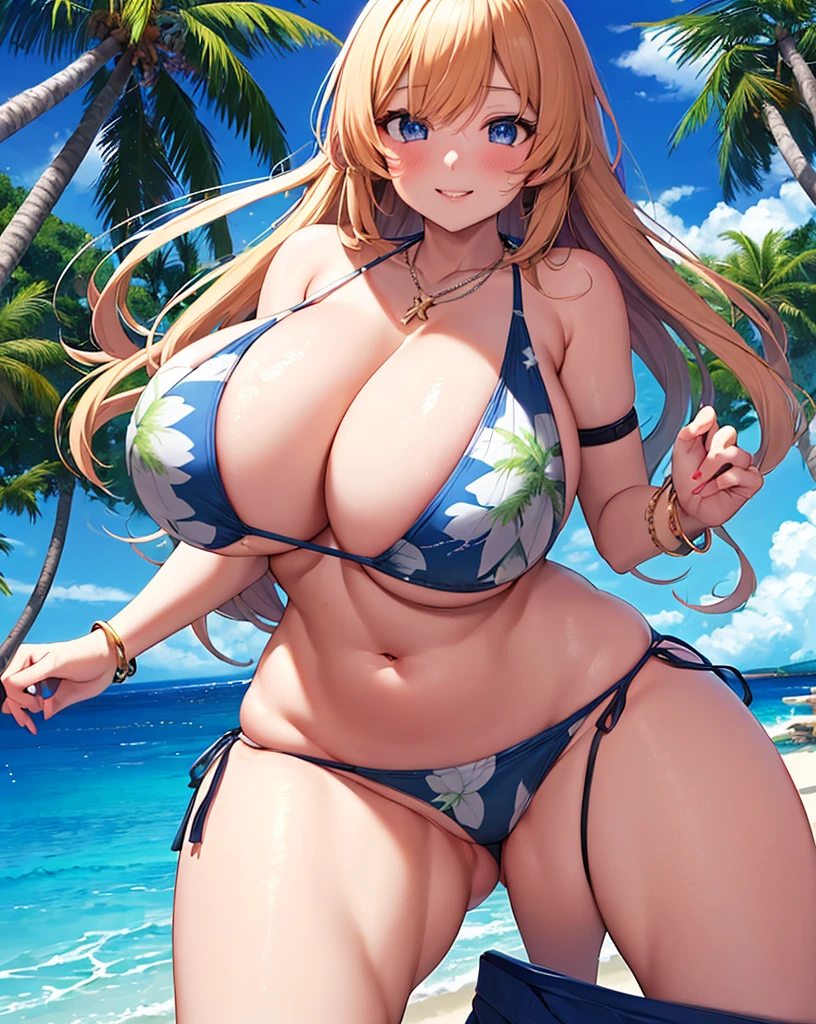 masterpiece, Highest quality, In detail, High resolution, Anime screenshots, One girl, bikini, bikini skirt, Floral print, necklace, bracelet, Thigh straps, Bracelet, Huge breasts, Saggy breasts, Let go of my chest, Leaning forward, blush, smile, Beach, Ocean, Palm tree