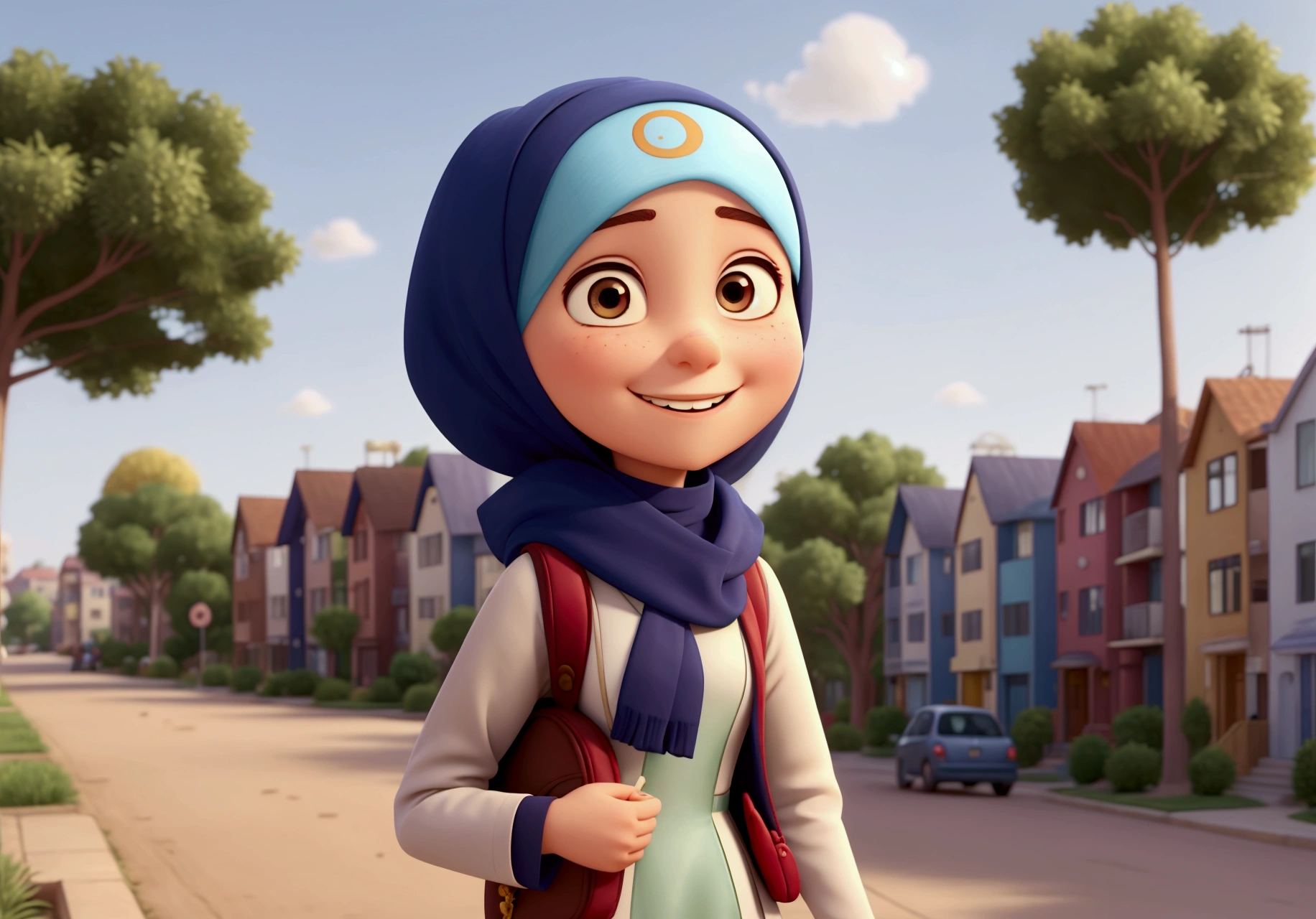A beautiful girl with a modern Islamic hijab tied to her neck. Her dress is long and modest. A character alone with no one else with her. A cartoon in the Disney-Pixar style. She leaves her small apartment and goes to school.. She is carrying a backpack, smiling and looking happy. The street was full of trees, and the morning was bright and sunny. 