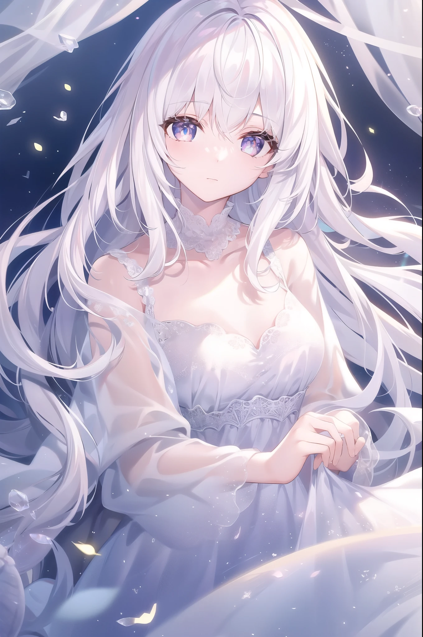 ((masterpiece, best quality))++, Detailed lighting+, Detailed hair+, Detail hand+ ,1 girl, Miss, Long hair, Crimson eyes, beautiful eyes, young white hair,,(Beautiful white hair:1.5),(Beautiful and delicate eyes), high resolution+,glass tint, Reflective eyes, {{angle}} , Very detailed wallpaper, The original, Air bangs,Extremely beautiful CG,black worksuit,Firefly,Galaxy,Shattered like a mirror