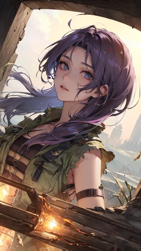 (Top resolution、Distinct_image)top-quality、A girl、masterpiece、highly detailed, half body, Semi-realistic、grey eyes 、18year old、dark purple hair,young 、Exquisite facial features、Facial features ,variation potrait, big breasts, injured, ruined city background , long hairstyles, zombies apocalypse, teenage, cool , cold sharp eyes, survivor,war soldier, An expression of despair., Torn clothes, destroyed clothes, damaged clothing, all dirty, dirty, dirt, lifeless eyes, blood on face, Battlefield and Destruction, bomb bomb, A distant plane drops a bomb., trench, tank, {Very detailed 8k CG unit wallpaper}, expansive landscape photography, (Low perspective, emphasizing the characters), (Wide open field view), (Low-angle shooting), (high light : 1.0), (low beam: 1.5), (warm light source: 1.5), complicated details, (rainbow colors: 1.0), (Bright light), (Atmosphere light), Surreal, Dreamer, calm
