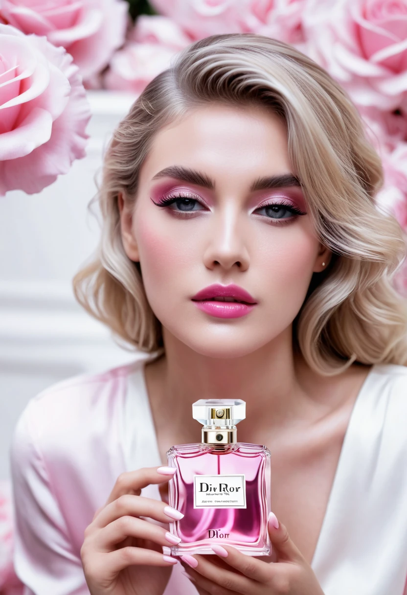 beautiful and elegant blonde woman looking at the camera white , pink Dior perfume propaganda