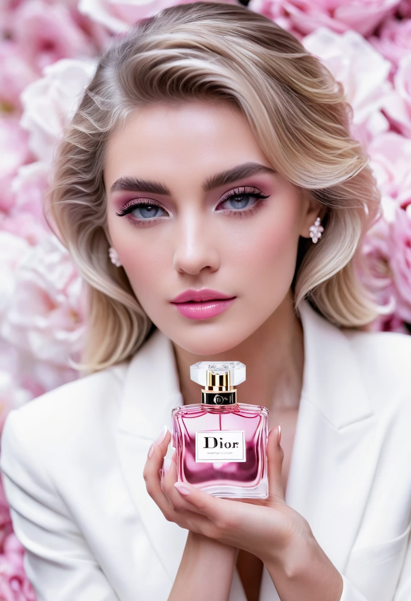 beautiful and elegant blonde woman looking at the camera white , pink Dior perfume propaganda