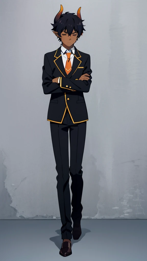 (1boy,20 years old,,solo),((dark skin)),short hair,hair between eyes,black hair,elf ears,(horns),orange eyes,(no background, simple background),necktie,black jacket, blazer,long sleeves,pants,full body,walking,closed eyes,serious,crossed arms