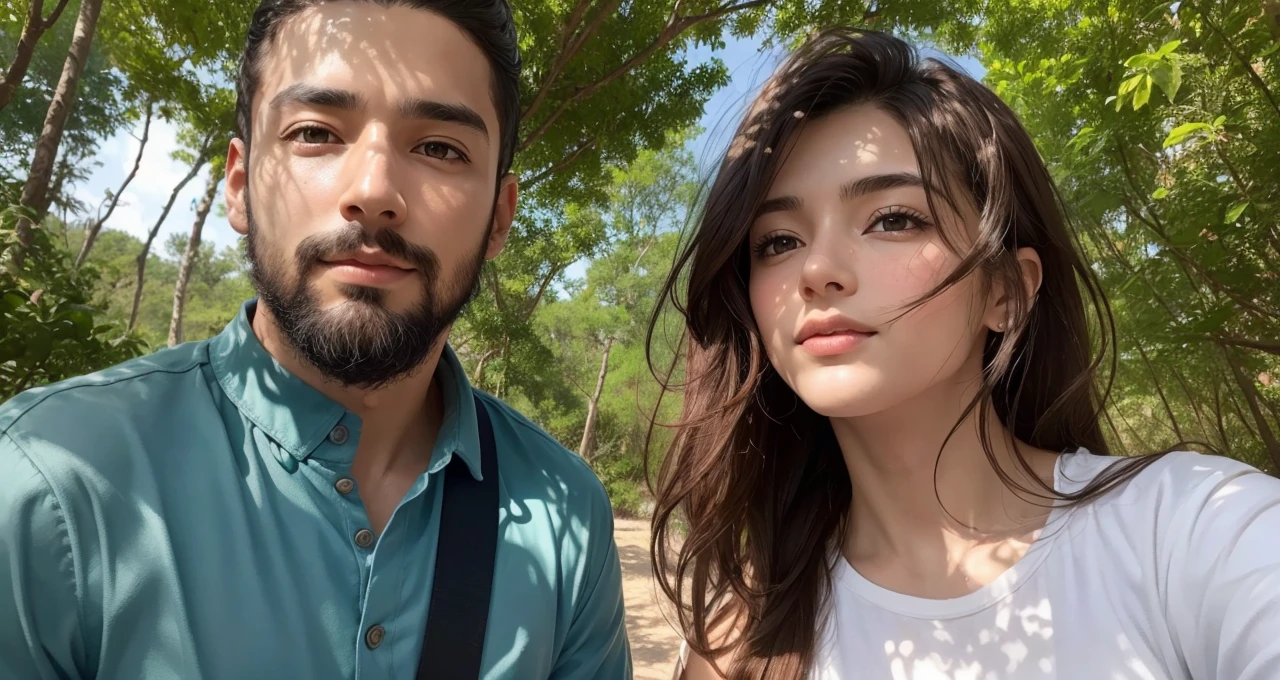 Vibrant forest scene, colorful trees in varied hues, deep blue sea backdrop, a loving couple in their twenties, young woman with sandy brown hair, bluish-gray eyes, short stature, delicate freckles, young man with short dark black hair, long black fish beard, Middle Eastern features, wheat complexion, dark brown eyes, athletic build, romantic expressions, lush greenery, rich blue sea, detailed natural setting, warm and inviting ambiance, genuine emotions, digital painting, high resolution, bright and vibrant color palette, soft natural lighting.