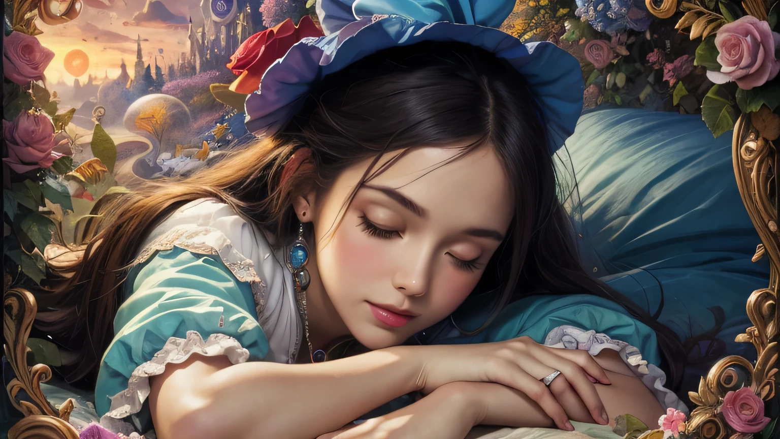 colorful closeup happy Alice In Wonderland Oz, laying down sleeping in dream fantasy celebration bliss galore, extreme details, realistic, art By Josephine wall, Lisa Frank, Jean Baptiste Monge, Takashi Murakami, vivid and soft, highly detailed