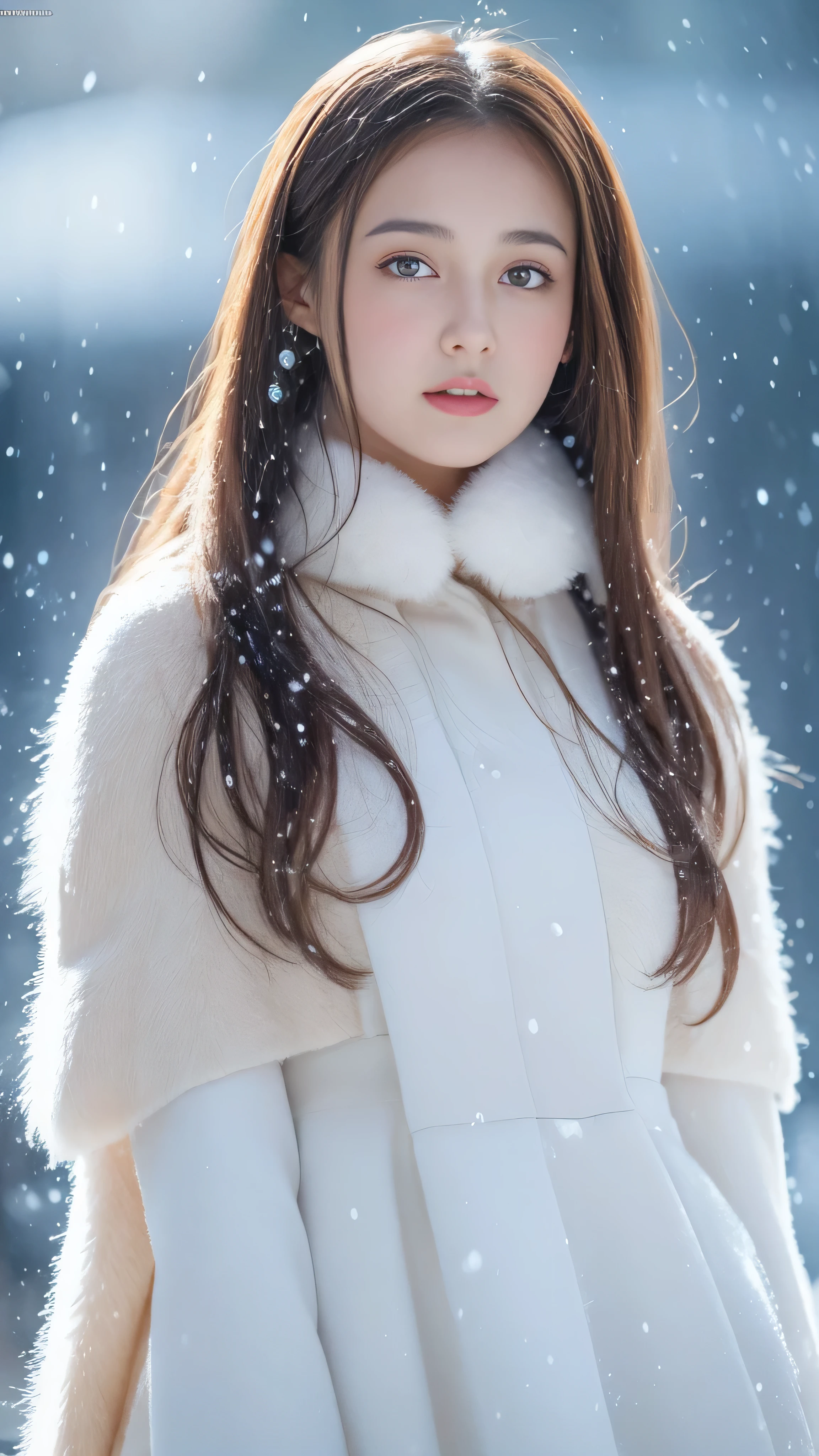 (highest quality, 8k, 32K,details are very clear),Realistic, High resolution, 1 Japanese Women, alone, (Lolita Costume),Gorgeous costumes,Facing the audience,(Upper Body,Upper limbs), Beautiful Eyes, brown hair, Ring-shaped eyes, (outside,Heavy snowfall,thick fur cape,Cover with snow),Snowfield,blue eyes,highest qualityのイラスト,Detailed facial features