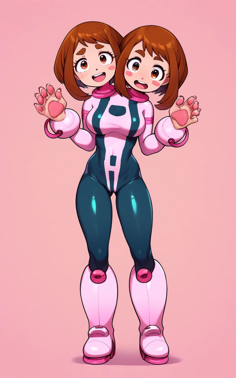 1girl, two heads, conjoined,solo, Uraraka Ochako, thick_eyebrows blush_stickers, brown_hair, brown_eyes, short_hair, sideburns, shiny hair, medium breasts, skindentation +++ :D  +++ OchaCos, bodysuit, fingertip paw pad, white high-heels boots, arms wear, black tights, headgear  Spirit Realm, score_9, score_8_up, source_anime