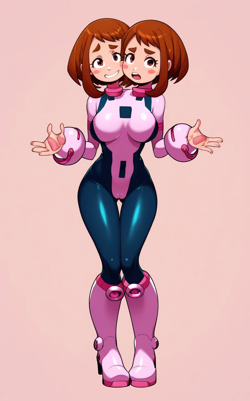 1girl, two heads, conjoined,solo, Uraraka Ochako, thick_eyebrows blush_stickers, brown_hair, brown_eyes, short_hair, sideburns, shiny hair, medium breasts, skindentation +++ :D  +++ OchaCos, bodysuit, fingertip paw pad, white high-heels boots, arms wear, black tights, headgear  Spirit Realm, score_9, score_8_up, source_anime