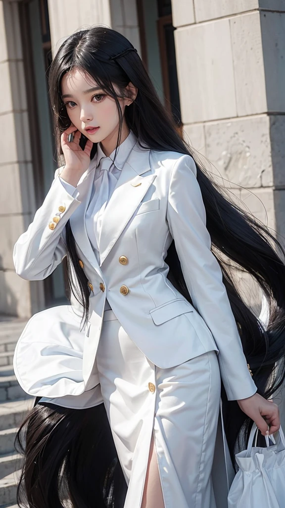woman, กระโปรงสั้นwhite, คลุมเสื้อsuitwhite, skirt only, (สาวสวยTwo meter long hair, my hair is very long., extra long hair, long black hair), (suitสไตล์อิตาลี, suitสองปุ่ม), (Italian suit, white suit, Set of two buttons), (ใส่suitwoman, Business woman'suit, white), (suitwomanwhite), (เสื้อเชิ้ตwhite), necktie, (necktieสั้นสีดำ, necktieสีดำ, necktieผอม, ถักnecktie), (military rank insignia), (Short pencil skirtwhite), (Dynamic posts), full body, (A gigantic rift), (big breasts, thin body, small waist, hips raised, small thighs, Long legs), high-heelsสีดำ, (Short pencil skirt, white), Wearing a suit for a business woman, (Wearing a white businessuit, suitนักธุรกิจหญิงwhite), (tight, military regalia, เสื้อwhite, กระโปรงwhite), (black shoes), (Two gold suit buttons, Two meter long hair, suitเข้ารูป, เสื้อsuitwhiteทรงธรรมดารัดรูป), (black shoes, high-heels), (stand, walk, elegant gesture, Dynamic posts), short dress, earring, garden, monument
