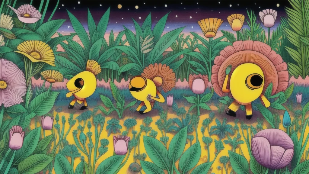 Mind Warp , There are maracas in the middle of a field of flowers and plants.、Chris LaBroy, Detailed illustrations, Album cover, Psychedelic Art