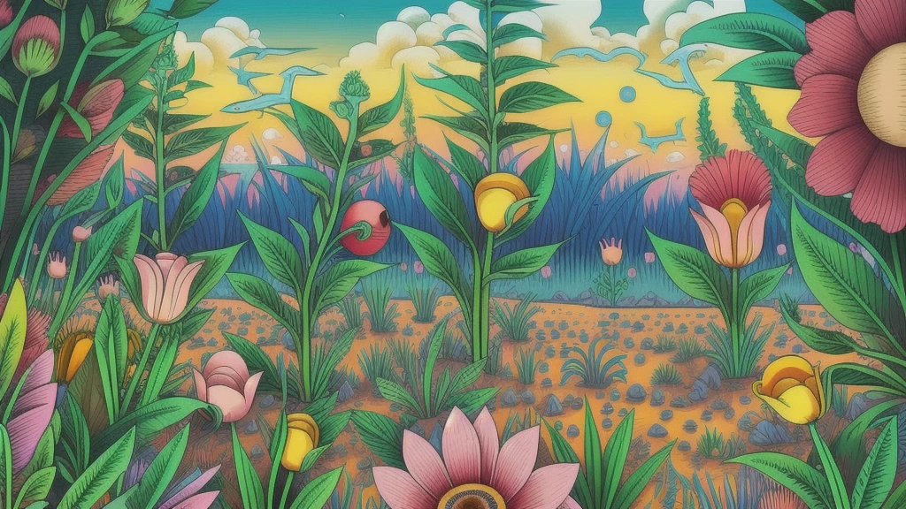 Mind Warp , There are maracas in the middle of a field of flowers and plants.、Chris LaBroy, Detailed illustrations, Album cover, Psychedelic Art