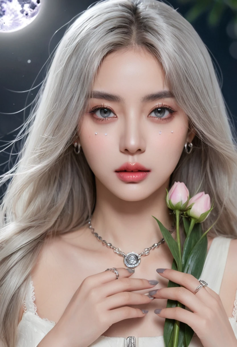 Masterpiece Best Night Full Moon 1 Female Sister Rain Sister Cold Face Expressionless Silver White Long Hair Woman Light Pink Lips Calm Intellectual Three Rings Gray Eyes Assassin Dagger, Flowers, Card Details, Finger details,