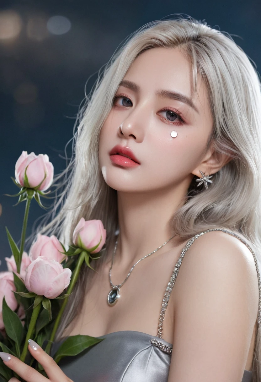 Masterpiece Best Night Full Moon 1 Female Sister Rain Sister Cold Face Expressionless Silver White Long Hair Woman Light Pink Lips Calm Intellectual Three Rings Gray Eyes Assassin Dagger, Flowers, Card Details, Finger details,