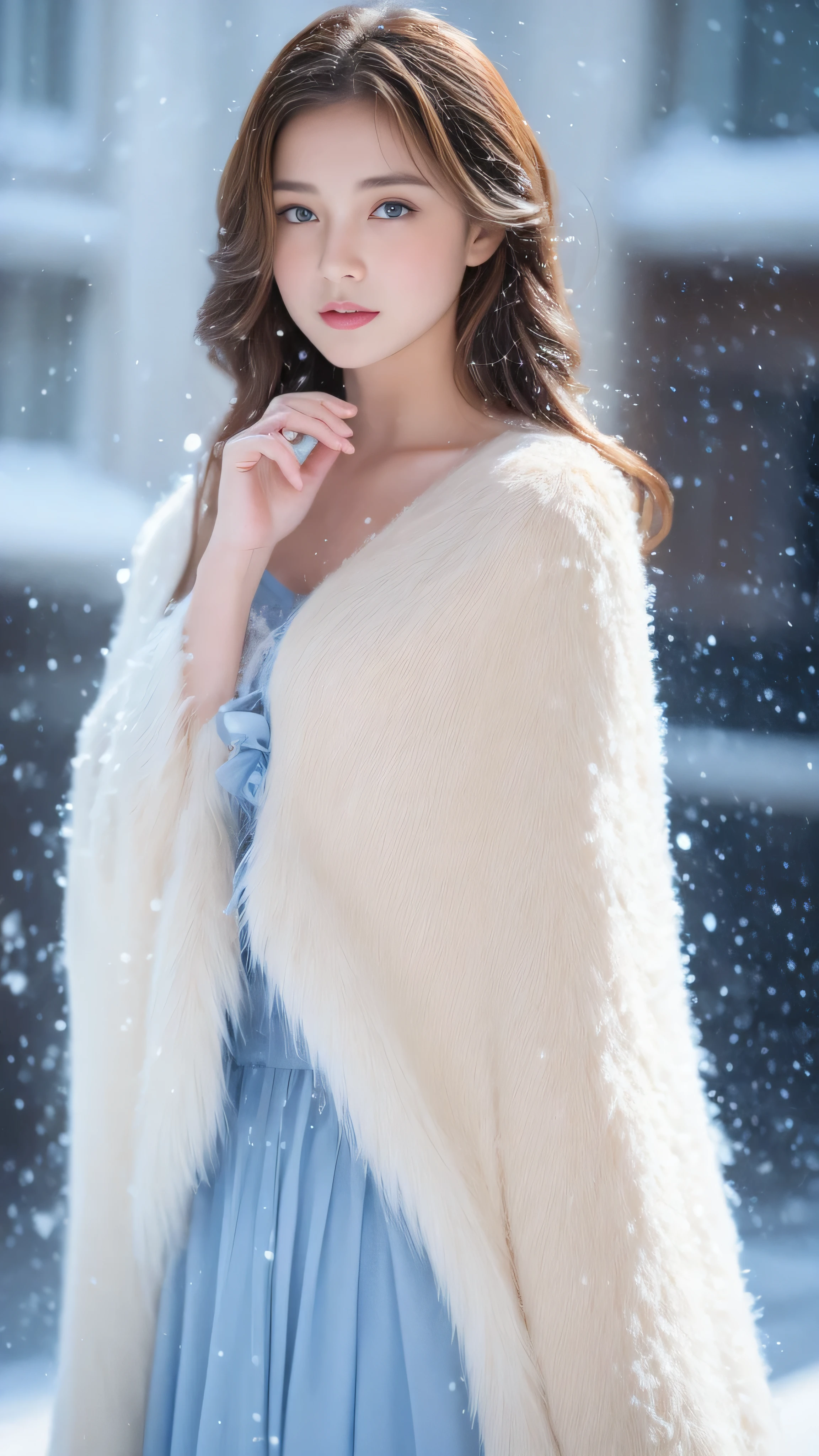 (highest quality, 8k, 32K,details are very clear),Realistic, High resolution, 1 Japanese Women, alone, (ta Costume),Gorgeous costumes,Facing the audience,(Upper Body,Upper limbs), Beautiful Eyes, brown hair, Ring-shaped eyes, (outside,Heavy snowfall,thick fur cape,Cover with snow),Snowfield,blue eyes,highest qualityのイラスト,Detailed facial features