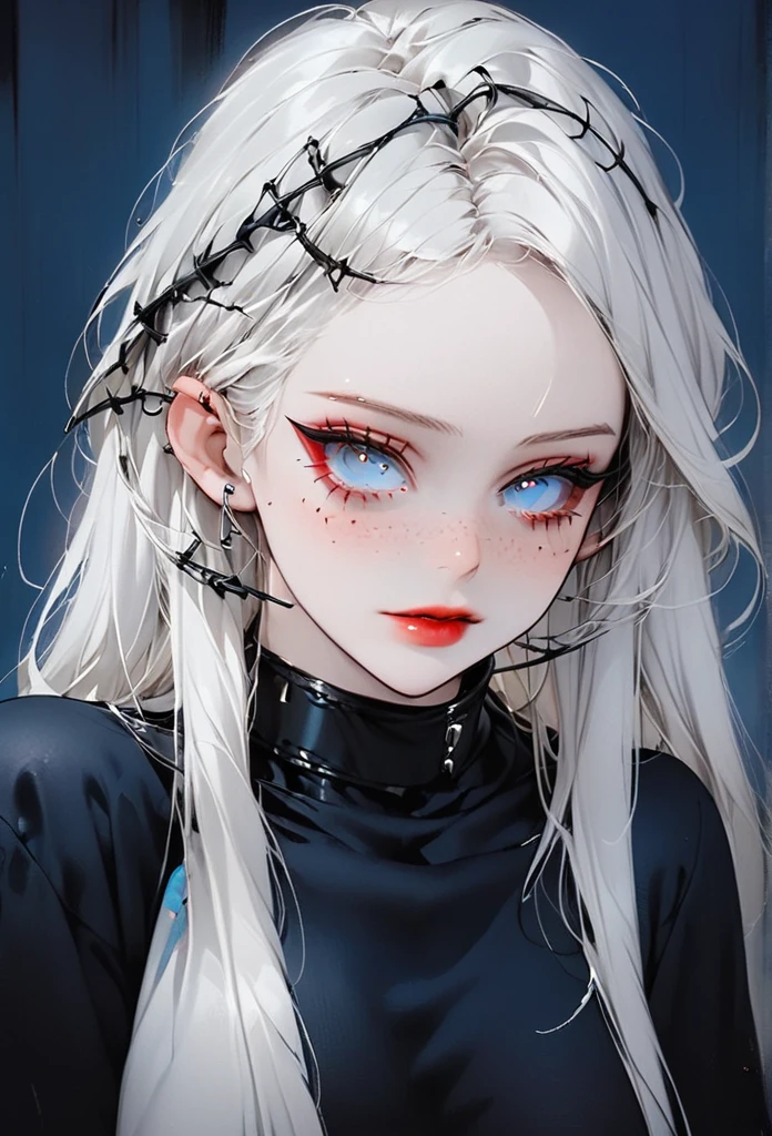Beautiful young white-haired woman with piercing red and blue eyes, half smile with full lips, black nails, barbed wires everywhere(coiled black barbed wires),read eyes,Blue eyes, (different eyes), (heterochromia)