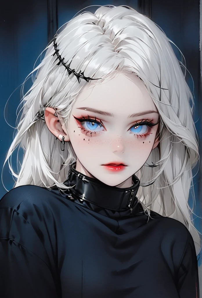 Beautiful young white-haired woman with piercing red and blue eyes, half smile with full lips, black nails, barbed wires everywhere(coiled black barbed wires),read eyes,Blue eyes, (different eyes), (heterochromia)