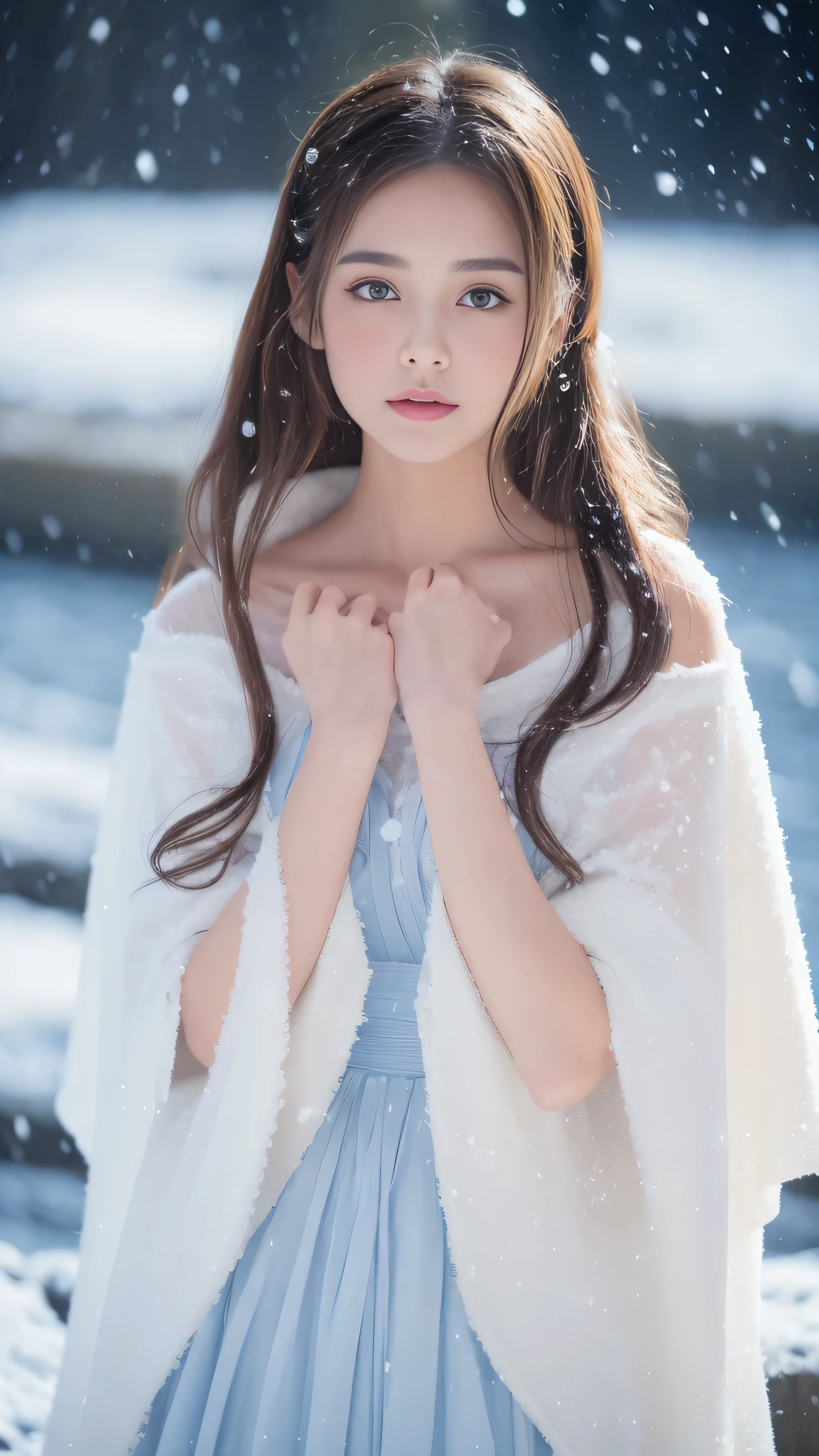(highest quality, 8k, 32K,details are very clear),Realistic, High resolution, 1 Japanese Women, alone, (ta Costume),Gorgeous costumes,Facing the audience,(Upper Body,Upper limbs), Beautiful Eyes, brown hair, Ring-shaped eyes, (outside,Heavy snowfall,thick fur cape,Cover with snow),Snowfield,blue eyes,highest qualityのイラスト,Detailed facial features