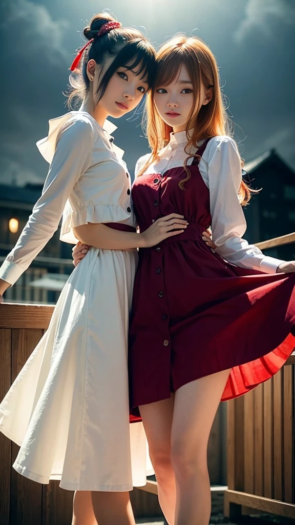 (Natural strawberry blonde and redhead girls with pretty faces), Cute pose, wearing a button dress, Atmospheric, Dark atmosphere, Edge lighting, Sayaka Yamamoto, Saito Asuka, Mao Akiyama's facial features, 8K, Full 体 portrait, Elegant outfit, Natural light, Spooky greenhouse at night, Sharp focus, (Highly detailed eyes and face:1.1, Professional photography techniques), (Beautiful small face:1.1, beautiful girl, high school student, Idol Face:1.2, Baby Face:1.4), smile, Happy, K UHD, Beautiful and soft skin, Vibrant Skin, blush, (Chirarizum:1.3, Unbutton the dress:1.5), ((Beautiful breasts:1.2, Cleavage)), (Small beautiful butt), (Detailed hands:1.1, The optimal ratio is four fingers to one thumb), Perfect proportions, (Perfect Anatomy:1.3), (Highest quality, Masterpiece, Highest quality, Ultra high definition, Photorealism:1.4), ((Touching each other's breasts:1.4)), (Beautiful hair blowing in the wind:1.4),天使と悪魔のbeautiful girl:1.2)