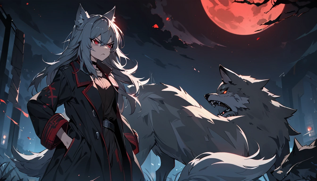 ((Wolf Girl)), ((Wolf)), Black Coat, ((Red Eyes)), ((Possessive)), ((Long Tail)), Angry, Scars, Night, Moon, HD, High Resolution, 4K