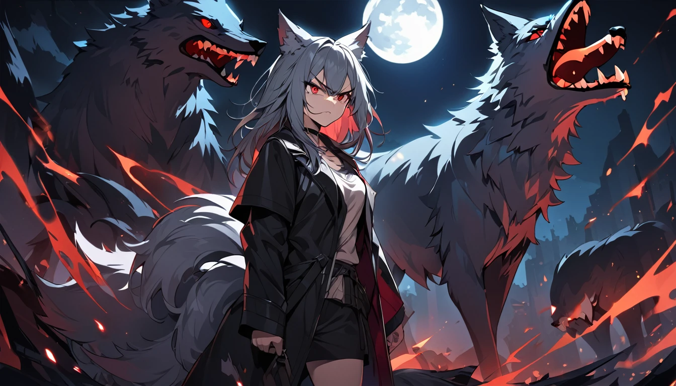 ((Wolf Girl)), ((Wolf)), Black Coat, ((Red Eyes)), ((Possessive)), ((Long Tail)), Angry, Scars, Night, Moon, HD, High Resolution, 4K