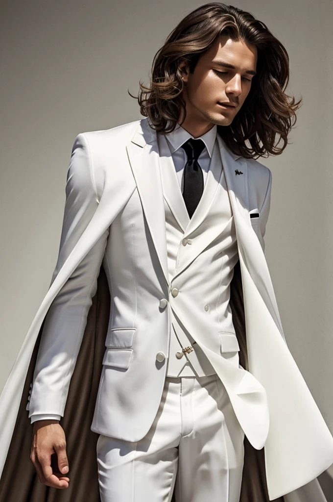 Brown hair boy, wavy, that covers your eyes, White suit, black cape