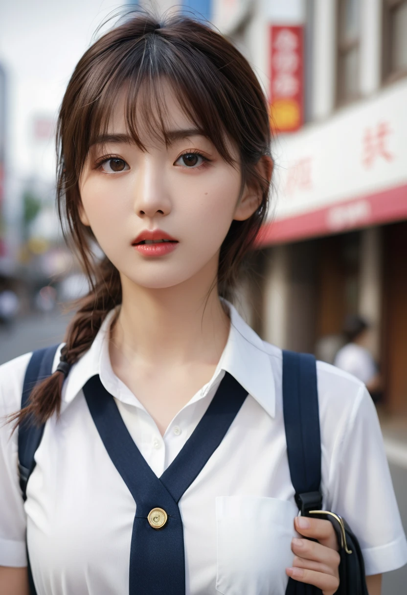 (((realistic photography))),, portrait, (afraid face:1.3),, beautiful girl, looking at viewer, , (school uniform:1.2), shirt buttoned and trousers, , (busty cleavage:1),, in the japan street, (environment details:1.3),, (RAW Photo, cg unity, photography, ultra realistic details, sharp focus, detailed skin,4k, high-res, masterpiece, best quality, realistic, vibrant:1.2),, (8k,4k, UHD, high resolution, professional, cinematic, movie, dramatic),, (anamorphic depth of field blur background), detailed background,