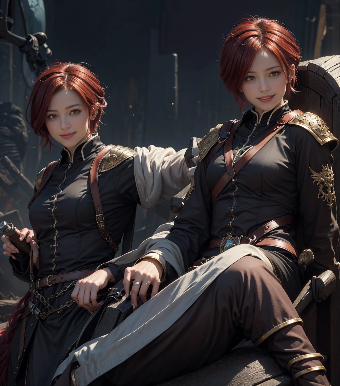 StarkFrieren, 8k, best quality, highres, realistic, real person, A warrior facing a demon lord, more lightly armored this time, with a mischievous, cunning smile. The warrior has short red hair and wields a large, ornately decorated axe. The setting is a fantasy battleground. The warrior's pose is more relaxed and sly, reflecting their crafty personality. The background includes magical effects and a dark, ominous atmosphere, emphasizing the ongoing battle.