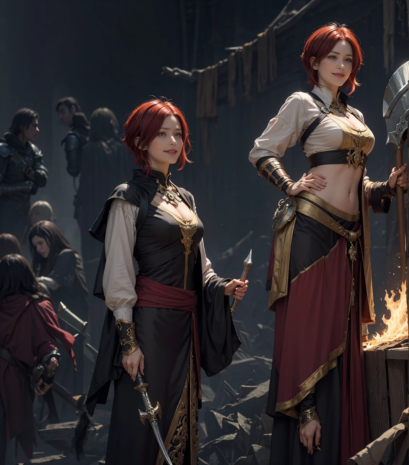 StarkFrieren, 8k, best quality, highres, realistic, real person, A warrior facing a demon lord, more lightly armored this time, with a mischievous, cunning smile. The warrior has short red hair and wields a large, ornately decorated axe. The setting is a fantasy battleground. The warrior's pose is more relaxed and sly, reflecting their crafty personality. The background includes magical effects and a dark, ominous atmosphere, emphasizing the ongoing battle.
