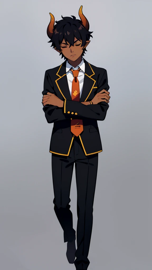 (1boy,20 years old,teen,solo),((dark skin)),short hair,hair between eyes,black hair,elf ears,(horns),orange eyes,(no background, simple background),necktie,black jacket, blazer,long sleeves,pants,full body,walking,closed eyes,crossed arms