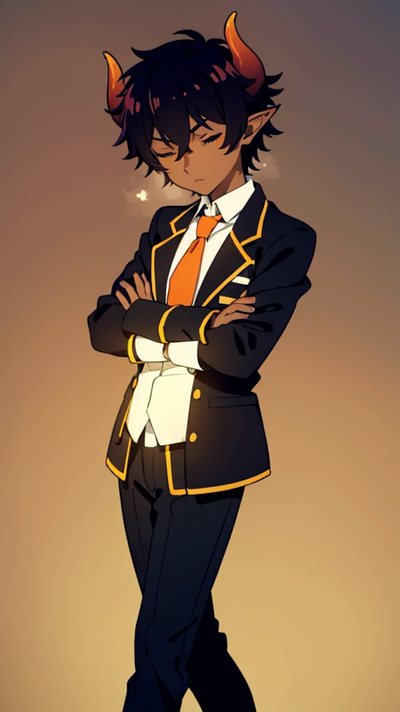 (1boy,20 years old,teen,solo),((dark skin)),short hair,hair between eyes,black hair,elf ears,(horns),orange eyes,(no background, simple background),necktie,black jacket, blazer,long sleeves,pants,full body,walking,closed eyes,crossed arms