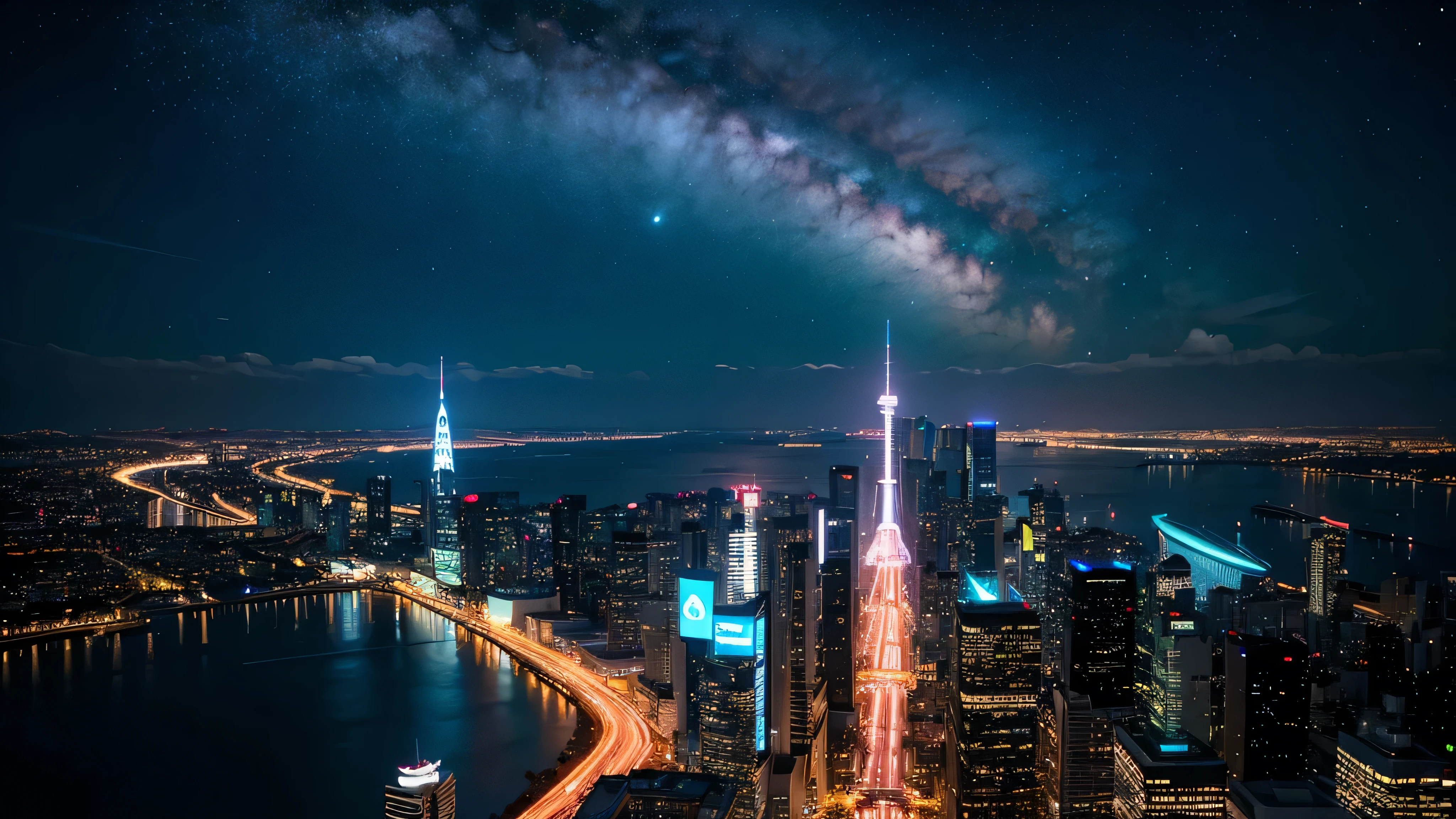 Wonderful landscape、Highest quality、Cityscape、Including sky、Starry Sky、night、Big Moon、Moonlit cityscape、building、There are no people, Makoto Shinkai's Worldview, 8K quality, Neon glows, Breathtakingly beautiful scenery,