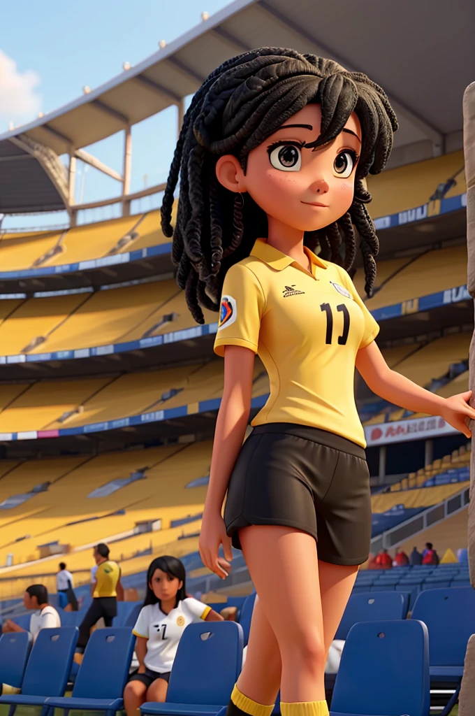 image of a white woman with black hair watching soccer in the stadium with the yellow shirt of the Colombian national team personalized with the number 10 and name GIORGI