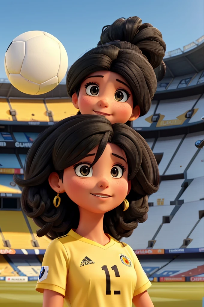 image of a white woman with black hair watching soccer in the stadium with the yellow shirt of the Colombian national team personalized with the number 10 and name GIORGI