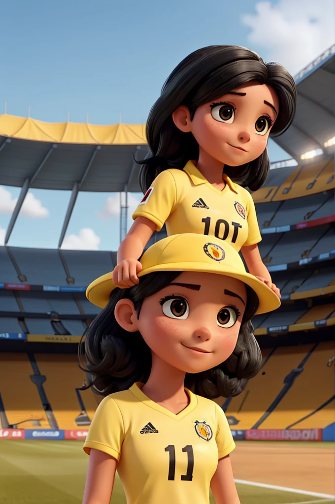 image of a white woman with black hair watching soccer in the stadium with the yellow shirt of the Colombian national team personalized with the number 10 and name GIORGI