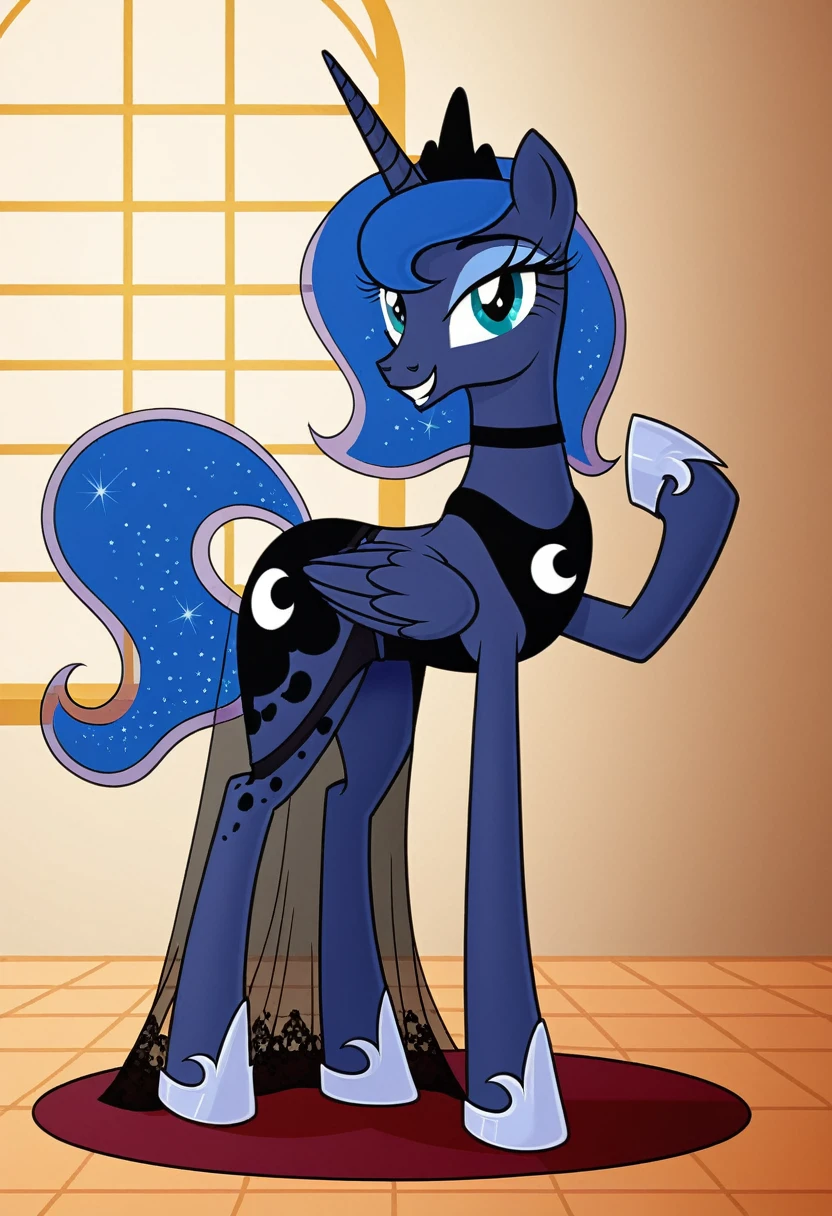 Pony . Black see trough dress with black choker, Princess Luna smiling 