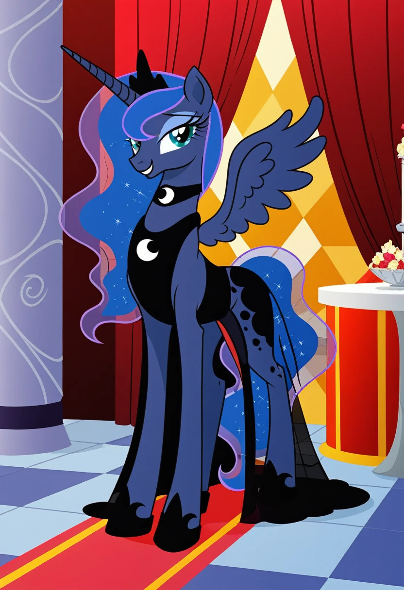 Pony . Black see trough dress with black choker, Princess Luna smiling