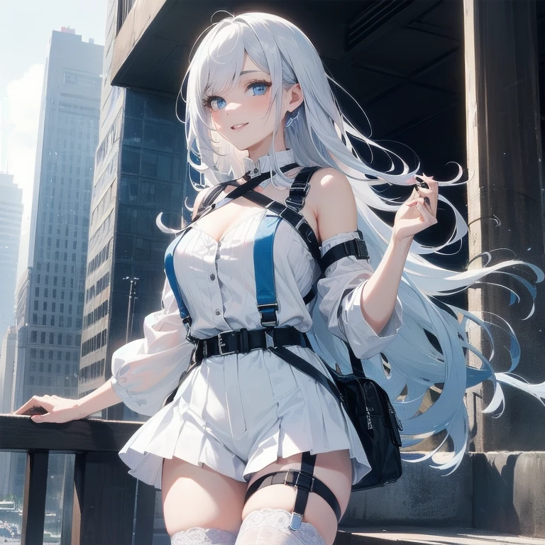 (Masterpiece, Best quality, ultra high resolution), 1 girl, Silver hair, Pale skin, Beautiful detailed face, Detailed eyes, posing on a white background, Dynamic lighting, dynamic shadowing, looking at viewer, White street punk fashion with blue details, (Posing for a photo), ((White clothes)), (((black thigh highs))), jean shorts, skirt, white sweater, ((Blue eyes)), happy, smiling, black straps, black strap design, ((Long white hair)), energetic, cheerful, cityscape background, (garter), blue tertiary color, blue highlights, purse, hand bag, ((chest harness fashion))