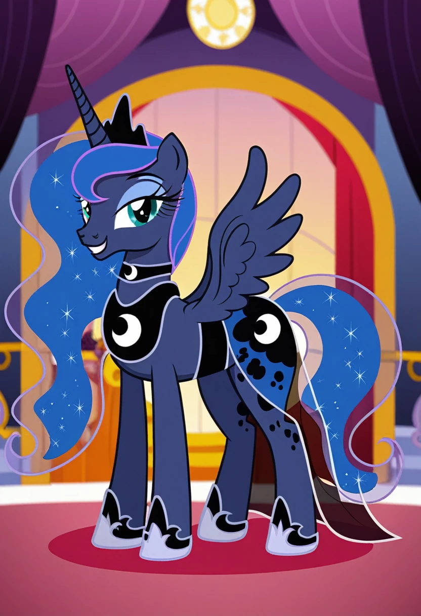Pony . Black see trough dress with black choker, Princess Luna smiling 