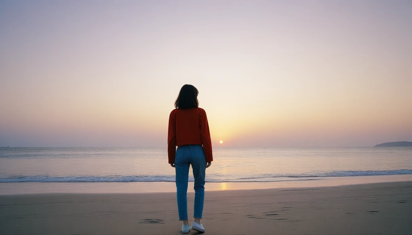 8K, Vivid picture quality, desolate long beach, Walking lonely on the beach far away, light summer outfits, short hair woman, red light of sunset, alone, afternoon, depressed, tide가 밀려온다, ocean, tide, wind, short korean woman, 잔잔한 tide, Perfect photos with vivid image quality, wearing a casual jacket and jeans, Holding my shoes in my hands. Full body shot from a distance with Canon Camera 16-35 wide angle lens