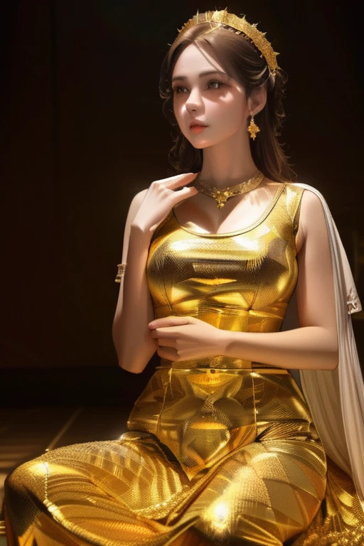 Ultra-realisticな8K CG, (amazing: , Perfect artwork, masterpiece, Ancient Dynasties, Medieval, Fantasy), ((Detailed Background))), 20-year-old Korean muscular fresh model, Amazingly beautiful, whole body, Traditional clothes that follow her curves, Shiny golden wet skin, 50mm Portrait, Glamour,（Golden micro bikini with golden embellishments）（大きなSaggy tits，large droopy udder，Saggy tits）（Cleavage exposure、Navel exposure、Exposing upper arms、Thigh exposure）（Golden headband）（Golden Garter Stockings） Soft curves, Perfectly wet lips, Abdominal muscles, Ultra-realistic, sun