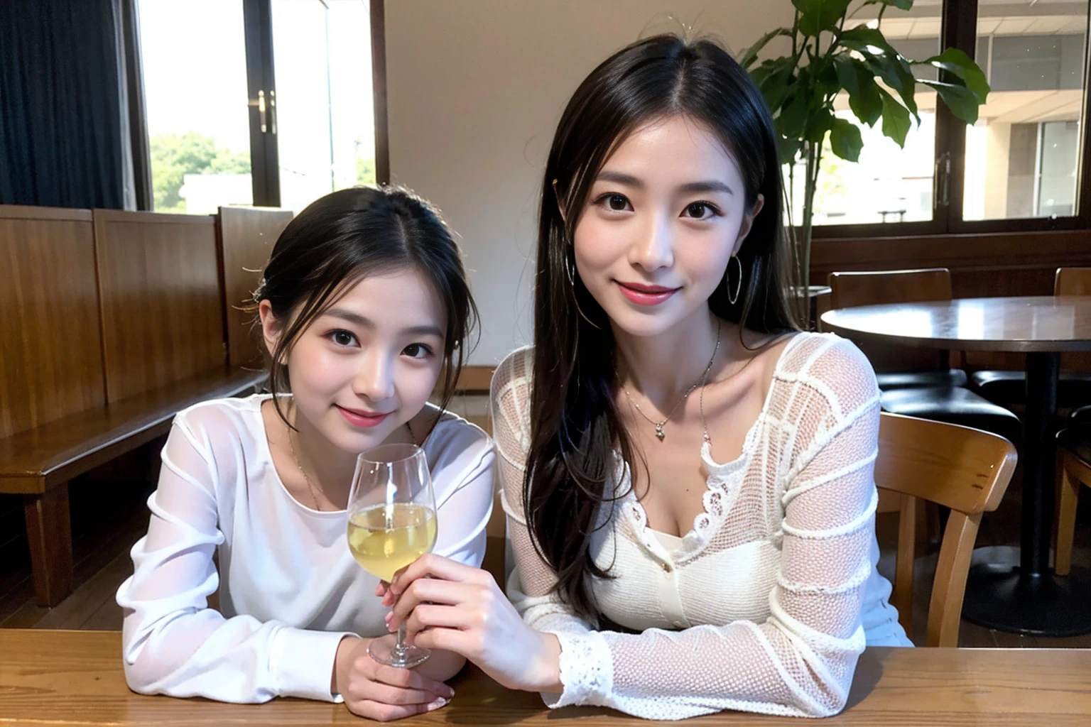 ((Highest quality、、masterpiece:1.3))、1 male、1 female,36 years old 39 years old、Shine the light on my face、Slim Beauty、Beautiful couple、Upper Body、smile、 (Slim face), (the body is スリム), (Brown Hair), (Shortcuts), テーブルのフルコースディナーとwine glass、Amazing view of the sunset sky and clouds、smileの美しさ、Wine bottle、sparkling wine、Long sleeve shirt、dress、White wine, red wine, wine glass, Beautiful fine grain, Depth f/2,saturation, High Contrast, Strong light and shadow,Moist Body:1.5、 texture、The hair is very shiny、