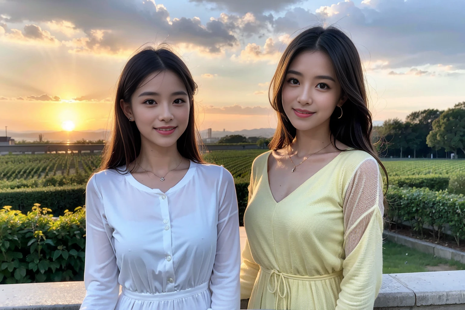 ((Highest quality、、masterpiece:1.3))、1 male、1 female,36 years old 39 years old、Shine the light on my face、Slim Beauty、Beautiful couple、Upper Body、smile、 (Slim face), (the body is スリム), (Brown Hair), (Shortcuts), テーブルのフルコースディナーとwine glass、Amazing view of the sunset sky and clouds、smileの美しさ、Wine bottle、sparkling wine、Long sleeve shirt、dress、White wine, red wine, wine glass, Beautiful fine grain, Depth f/2,saturation, High Contrast, Strong light and shadow,Moist Body:1.5、 texture、The hair is very shiny、