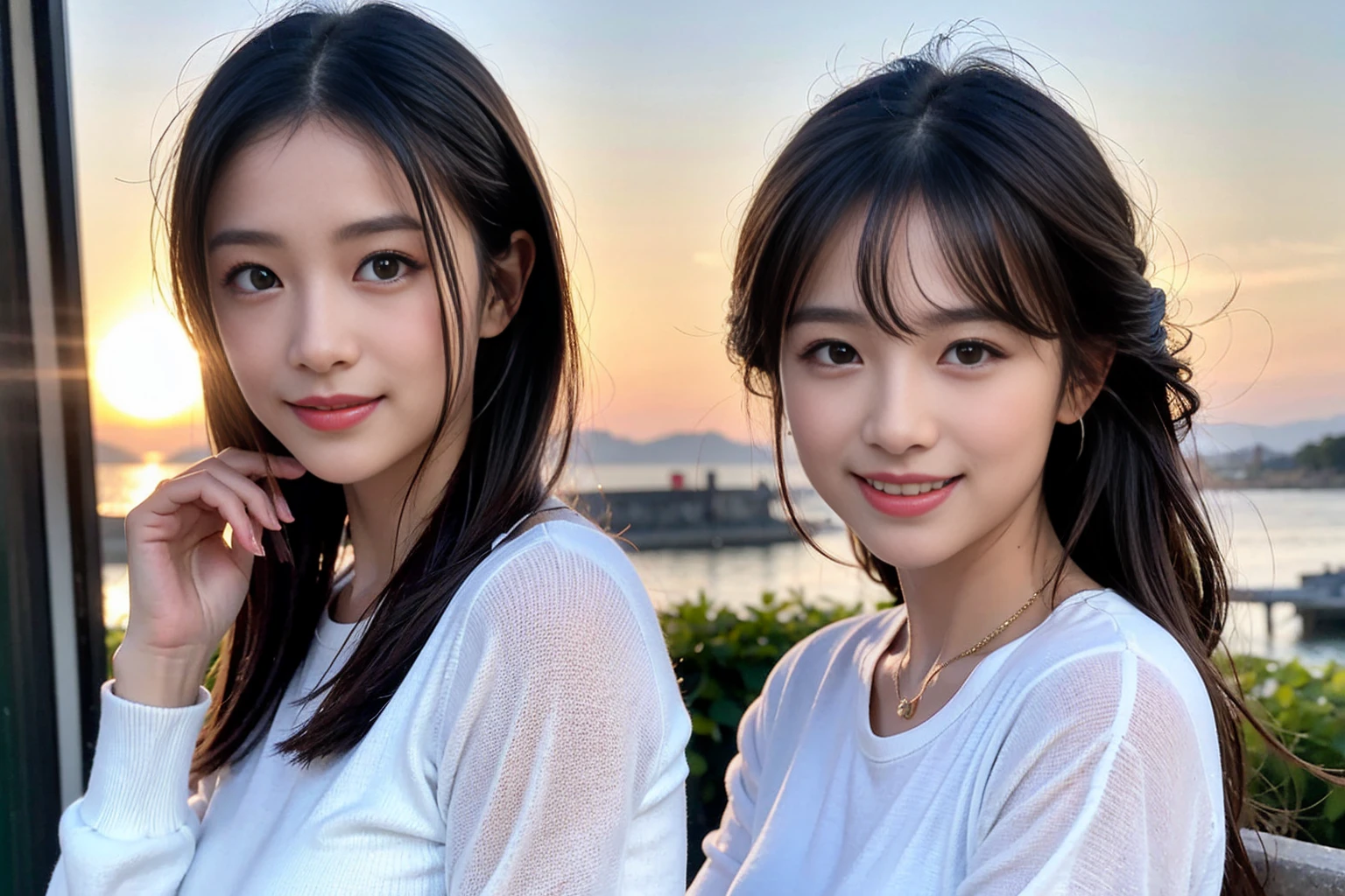 ((Highest quality、、masterpiece:1.3))、1 male、1 female,36 years old 39 years old、Shine the light on my face、Slim Beauty、Beautiful couple、Upper Body、smile、 (Slim face), (the body is スリム), (Brown Hair), (Shortcuts), テーブルのフルコースディナーとwine glass、Amazing view of the sunset sky and clouds、smileの美しさ、Wine bottle、sparkling wine、Long sleeve shirt、dress、White wine, red wine, wine glass, Beautiful fine grain, Depth f/2,saturation, High Contrast, Strong light and shadow,Moist Body:1.5、 texture、The hair is very shiny、