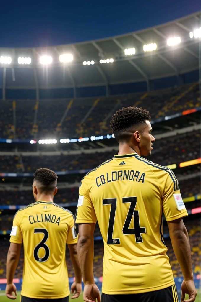 Man with his back in stadium with yellow Colombia national team shirt number 7 shirt name willi short black hair color, Beers, friends