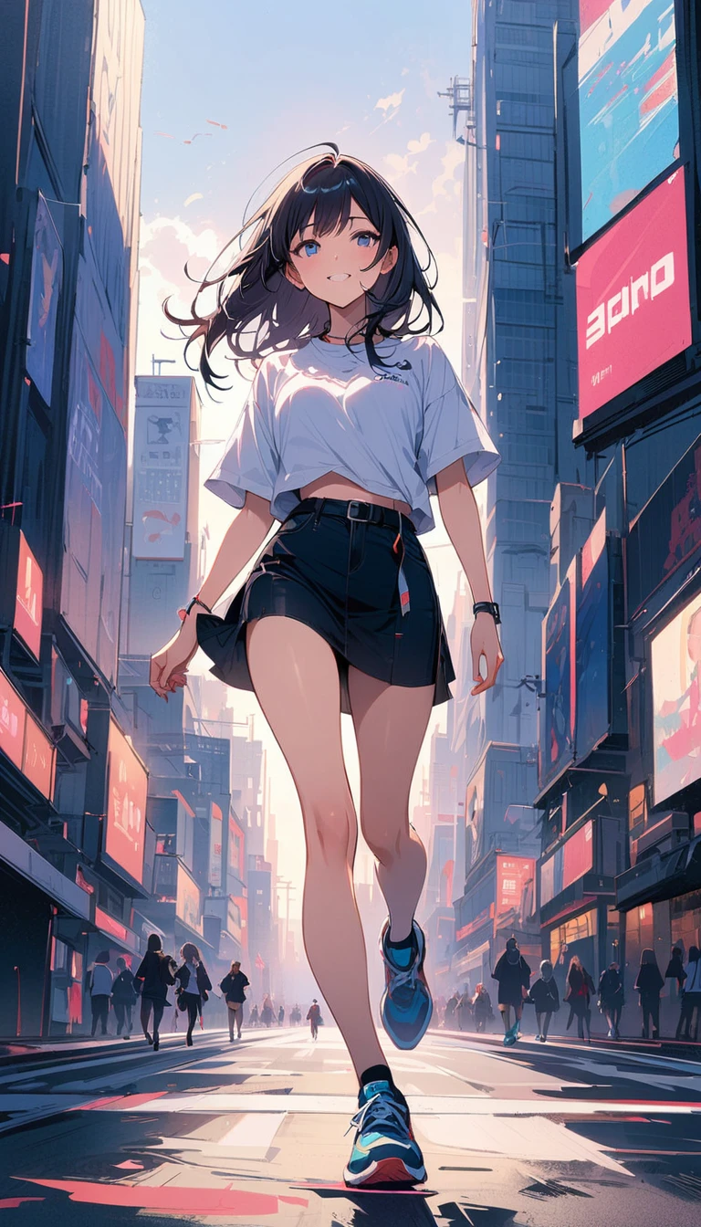 (masterpiece, best quality:1.2), very beautiful girl, alone, downtown Tokyo, Billboard, Tall Buildings, happy expression, blue eyes, Accurate face, short skirt, running shoes,