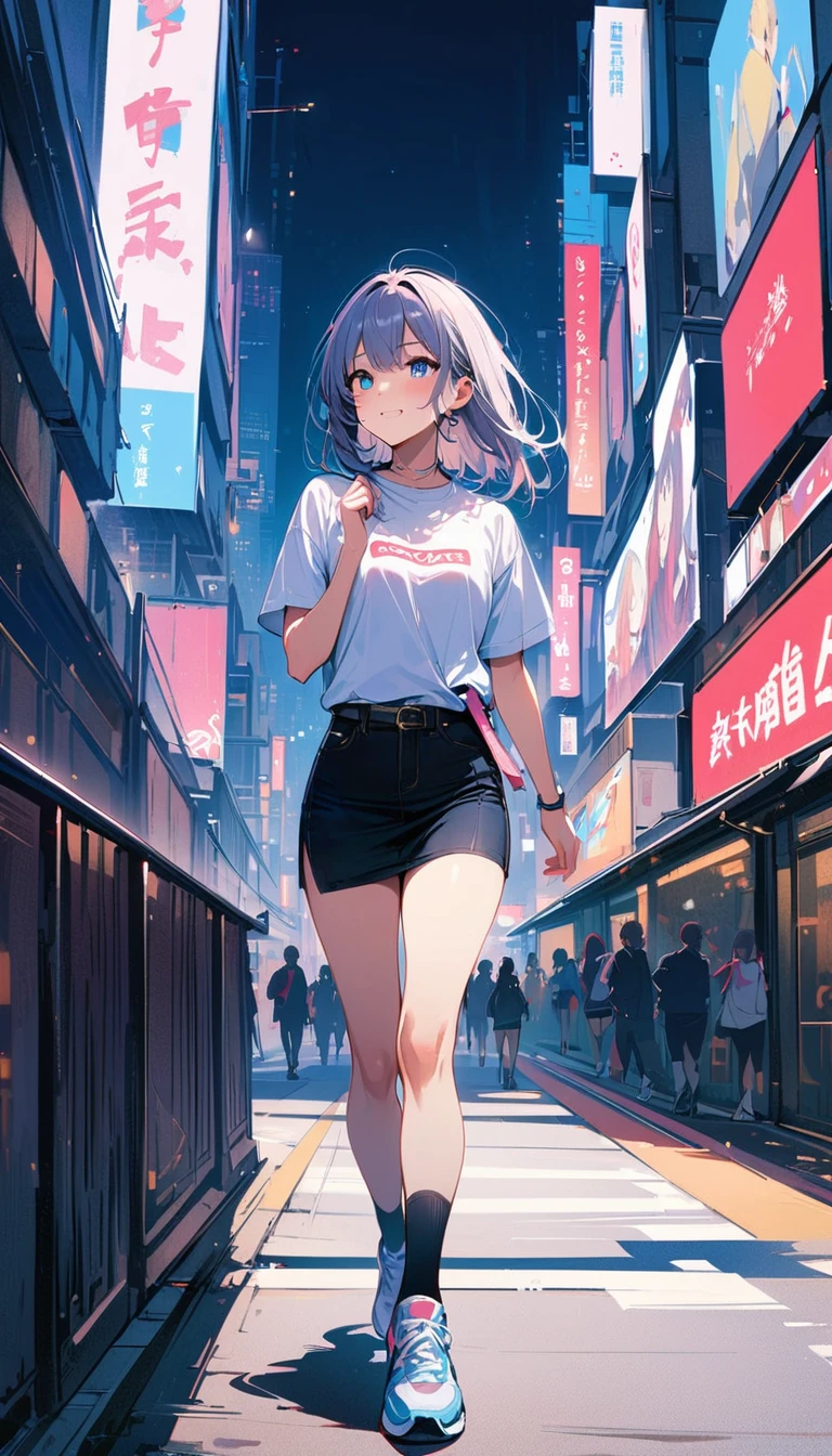 (masterpiece, best quality:1.2), very beautiful girl, alone, downtown Tokyo, Billboard, Tall Buildings, happy expression, blue eyes, Accurate face, short skirt, running shoes,